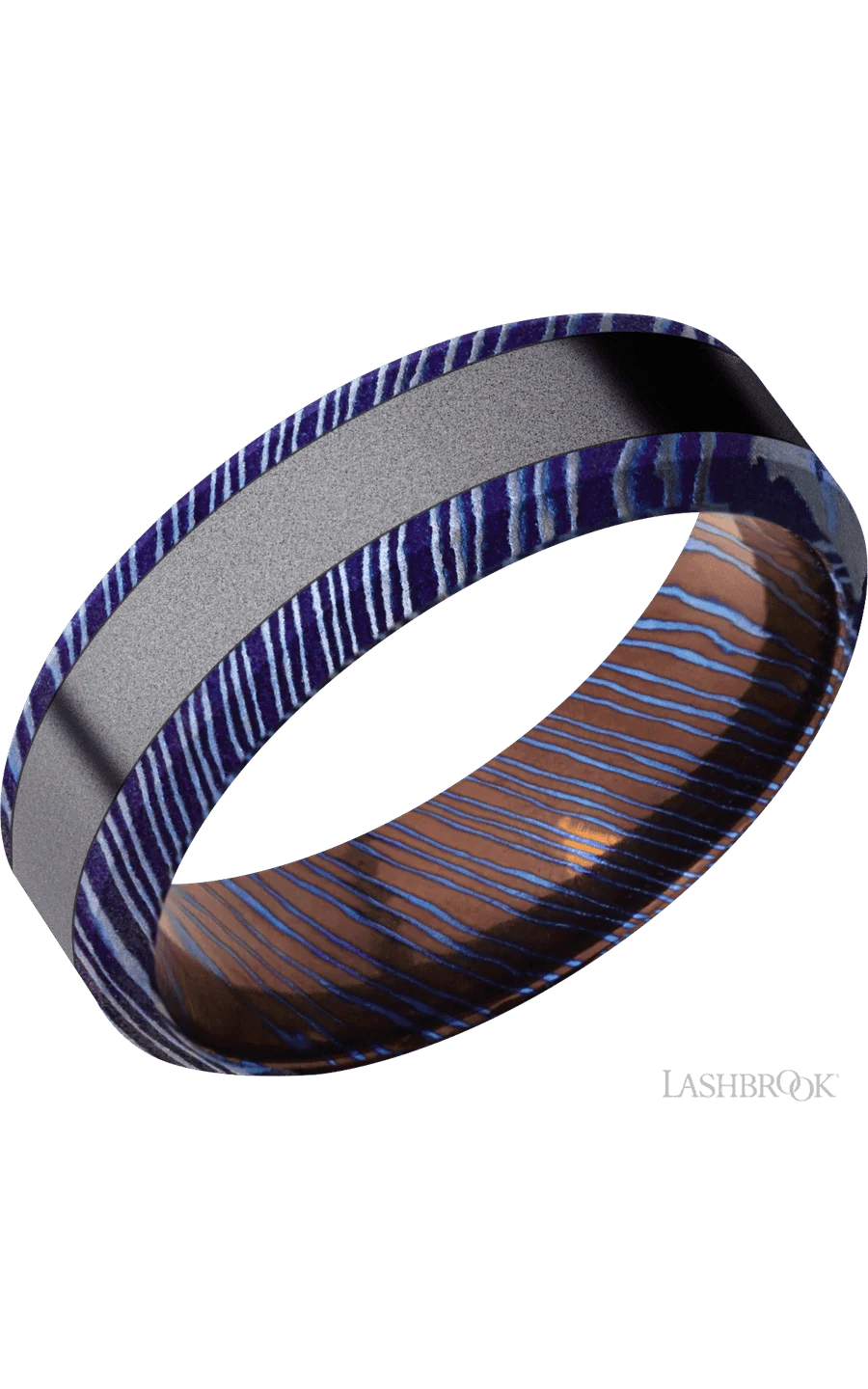 7 mm wide/High Bevel/Titanium Damascus band with one 3 mm Centered inlay of Tantalum.