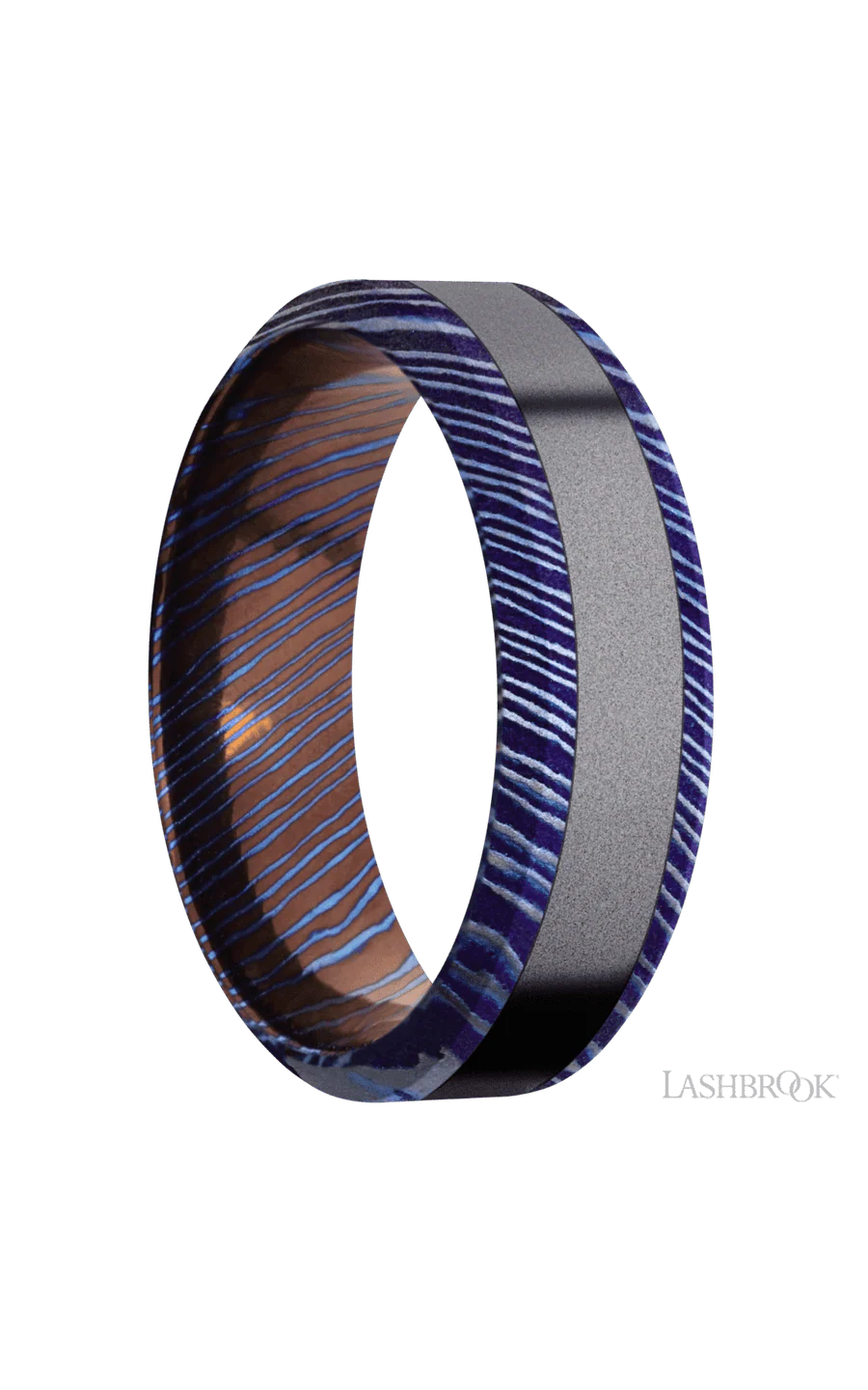 7 mm wide/High Bevel/Titanium Damascus band with one 3 mm Centered inlay of Tantalum. - Image 2