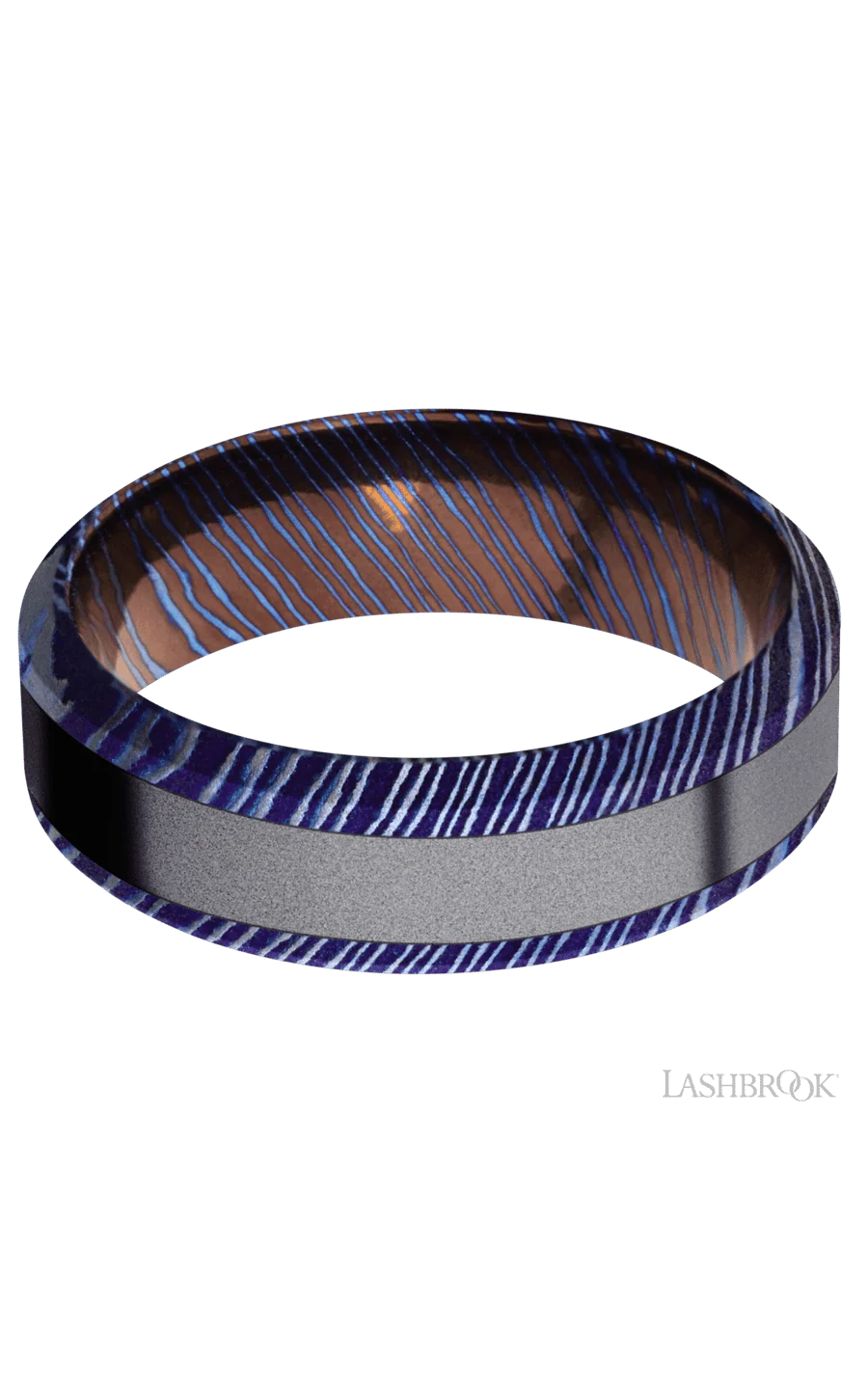 7 mm wide/High Bevel/Titanium Damascus band with one 3 mm Centered inlay of Tantalum. - Image 3