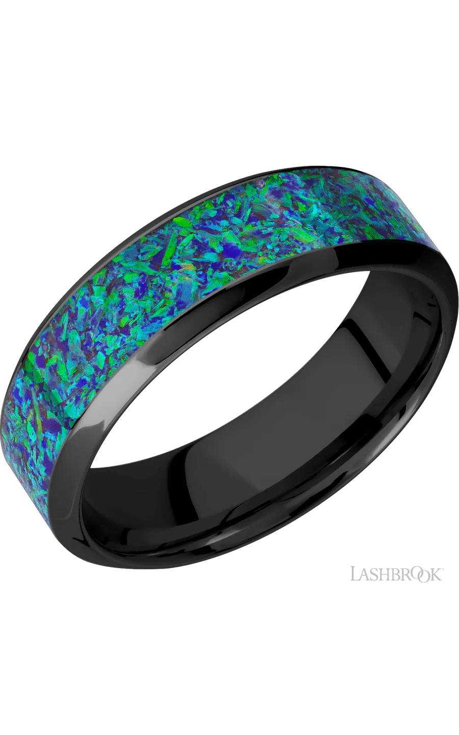 7 mm wide/High Bevel/Zirconium band with one 4 mm Centered inlay of Green Opal.