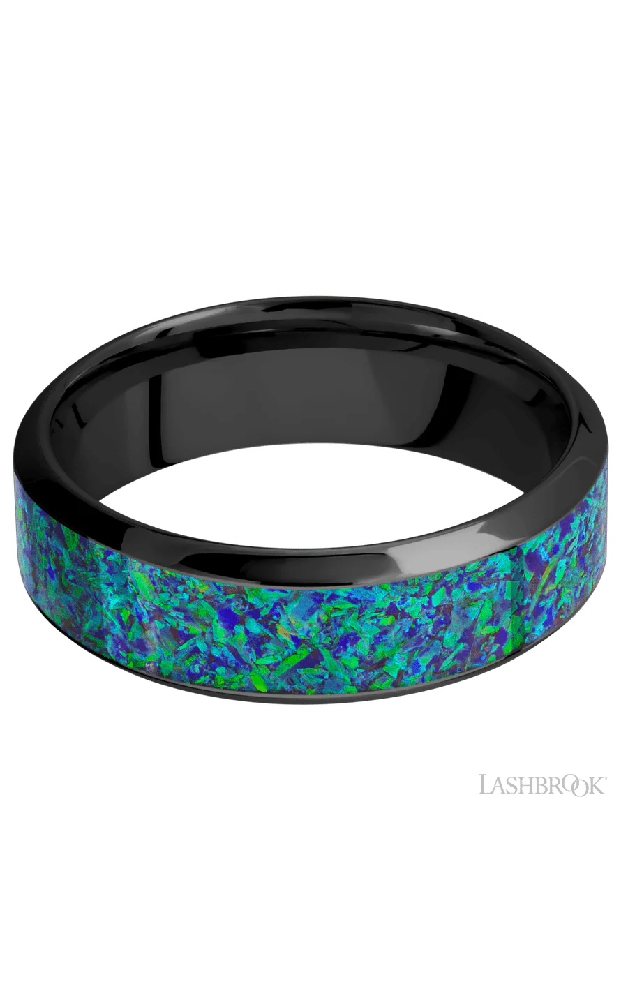 7 mm wide/High Bevel/Zirconium band with one 4 mm Centered inlay of Green Opal. - Image 3