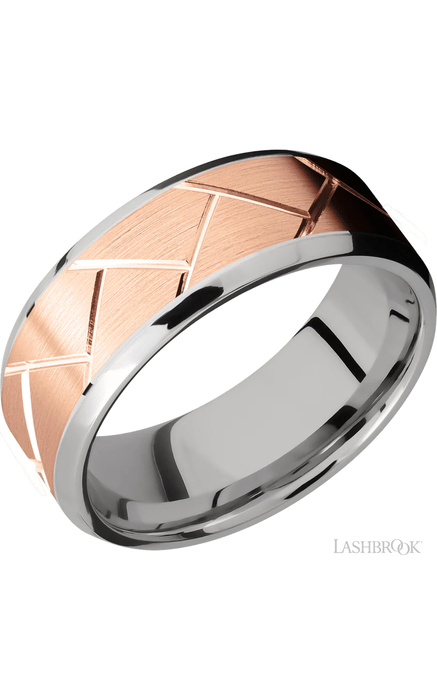 8 mm wide/Beveled/14K White Gold band with one 6 mm Centered inlay of 14K Rose Gold with a machined Flatweave pattern.