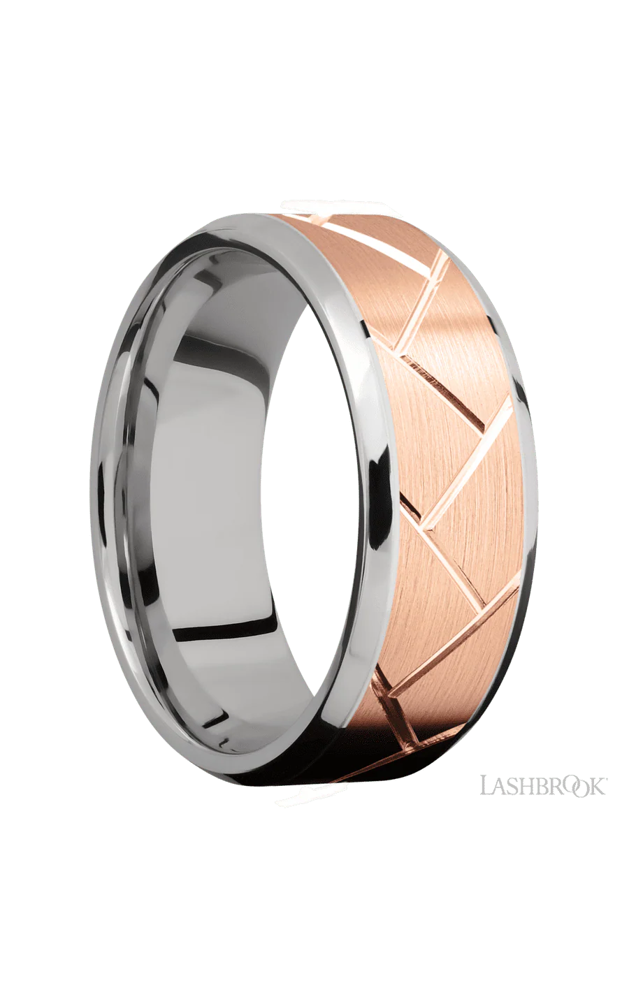 8 mm wide/Beveled/14K White Gold band with one 6 mm Centered inlay of 14K Rose Gold with a machined Flatweave pattern. - Image 2