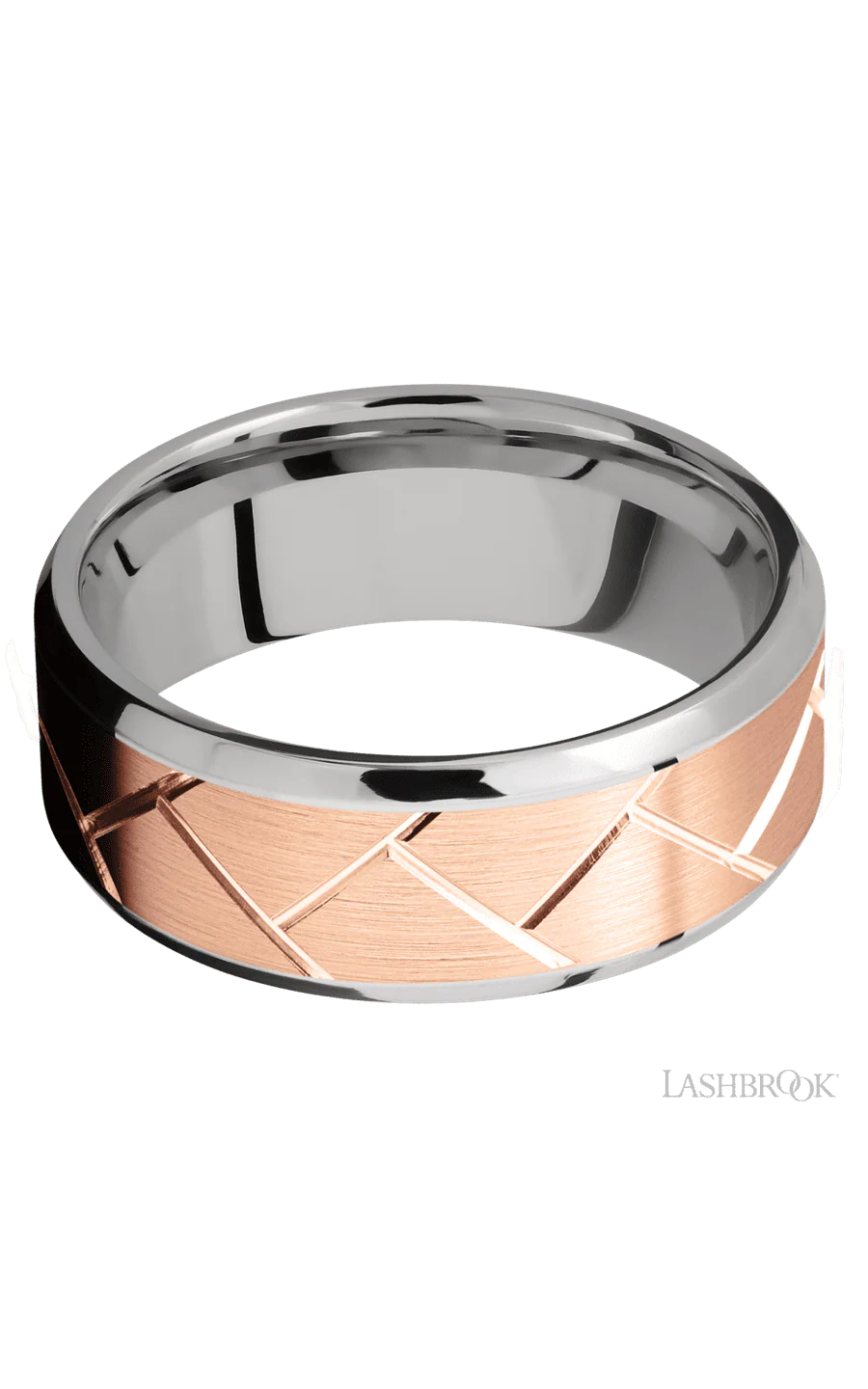 8 mm wide/Beveled/14K White Gold band with one 6 mm Centered inlay of 14K Rose Gold with a machined Flatweave pattern. - Image 3
