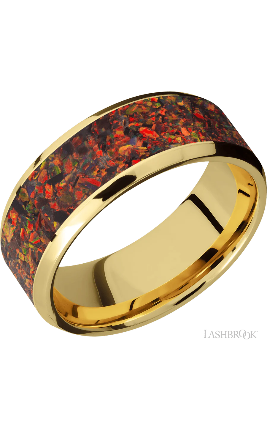 8 mm wide/Beveled/14K Yellow Gold band with one 6 mm Centered inlay of Red Opal.