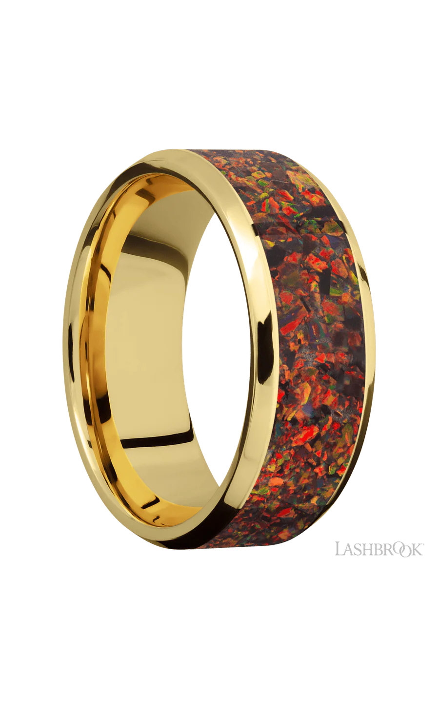 8 mm wide/Beveled/14K Yellow Gold band with one 6 mm Centered inlay of Red Opal. - Image 2