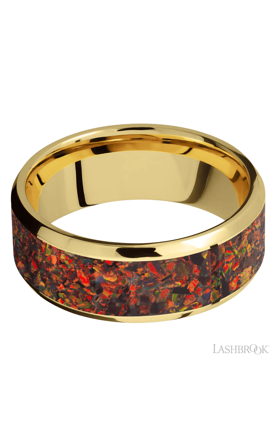 8 mm wide/Beveled/14K Yellow Gold band with one 6 mm Centered inlay of Red Opal. - Image 3