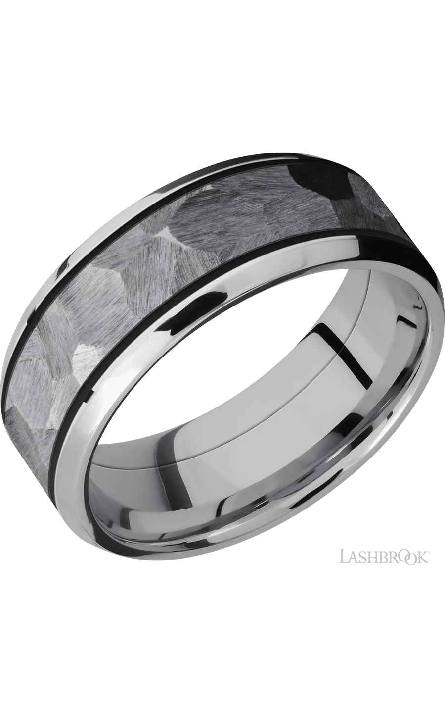 8 mm wide/Beveled/Cobalt Chrome band with one 5 mm Centered inlay of Tantalum.