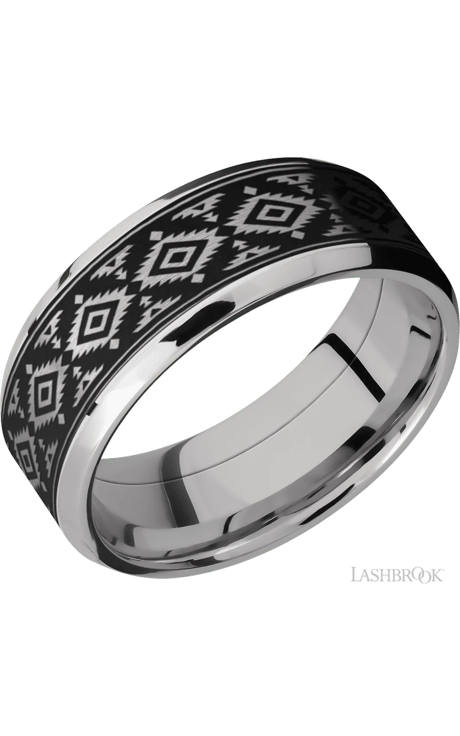 8 mm wide/Beveled/Cobalt Chrome band with one 6 mm Centered inlay of Tantalum with a laser carved Aztec 2 pattern.