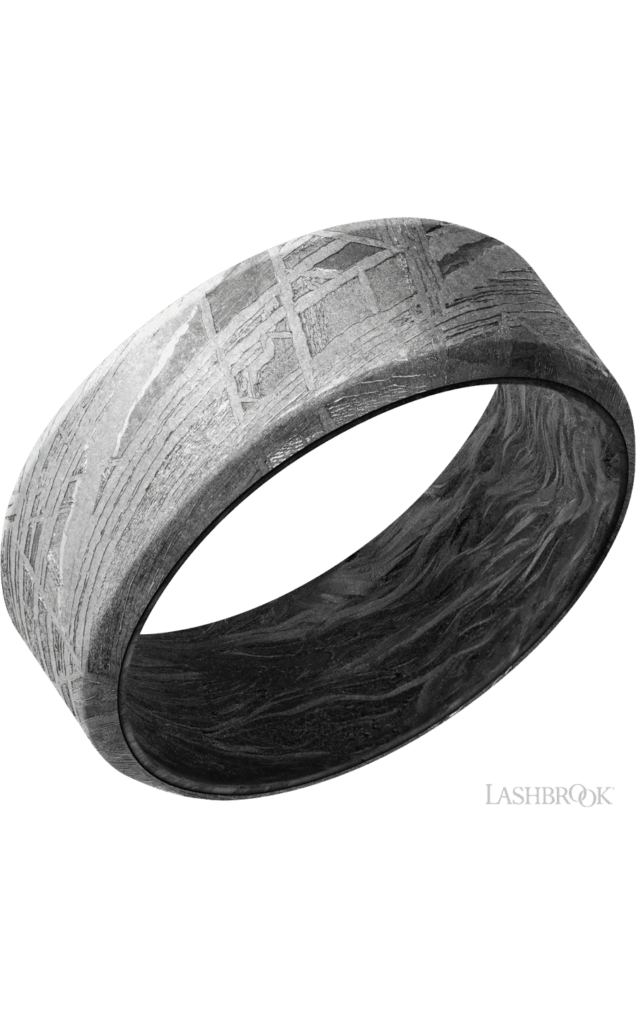 8 mm wide Beveled Meteorite band featuring a Forged Carbon Fiber sleeve.