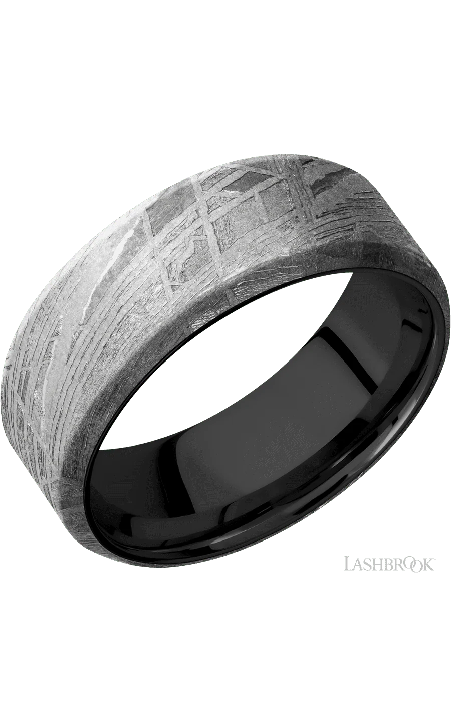 8 mm wide Beveled Meteorite band featuring a Zirconium sleeve.
