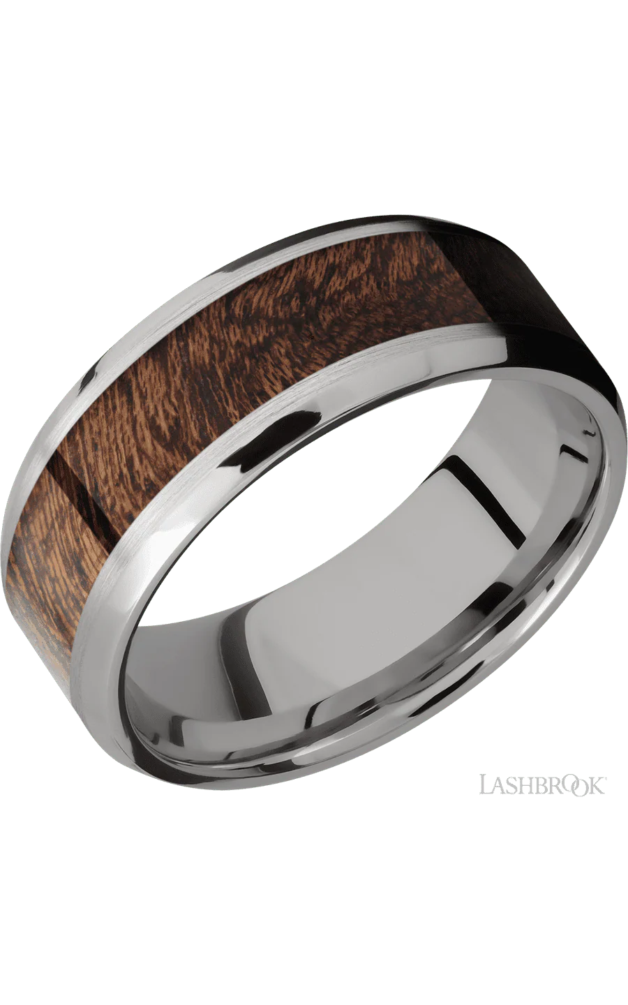 8 mm wide/Beveled/Titanium band with one 5 mm Centered inlay of Sapele.