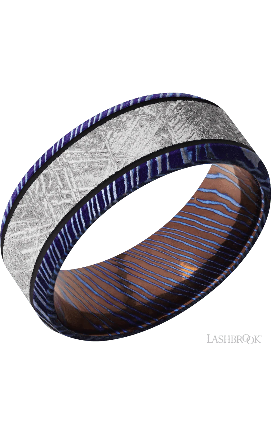 8 mm wide/Beveled/Titanium Damascus band with one 5 mm Centered inlay of Meteorite.