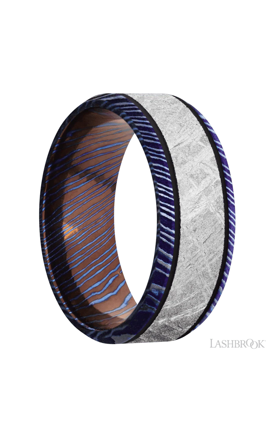8 mm wide/Beveled/Titanium Damascus band with one 5 mm Centered inlay of Meteorite. - Image 2