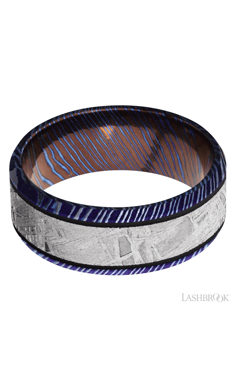 8 mm wide/Beveled/Titanium Damascus band with one 5 mm Centered inlay of Meteorite. - Image 3