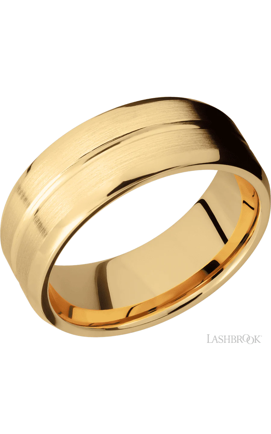 8 mm wide Beveled with Center Accent Groove 14K Yellow Gold band.
