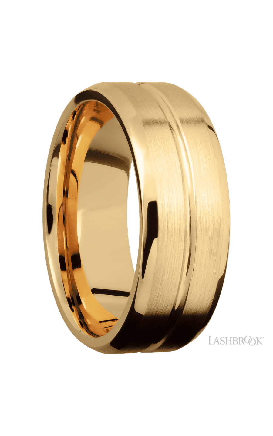 8 mm wide Beveled with Center Accent Groove 14K Yellow Gold band. - Image 2