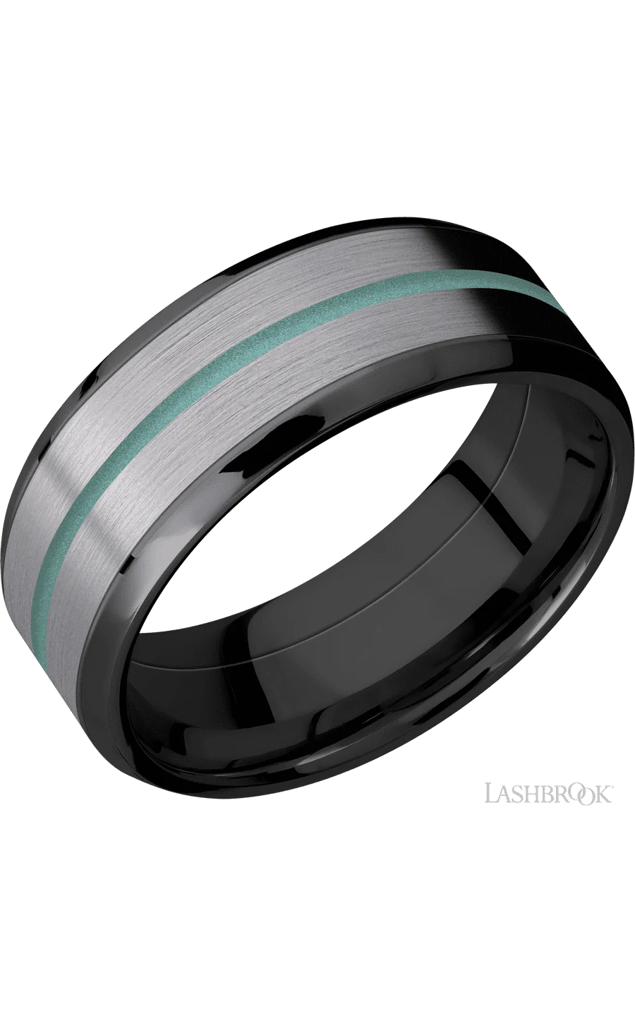 8 mm wide/Beveled/Zirconium band featuring inlays of Tantalum and Polar Blue.
