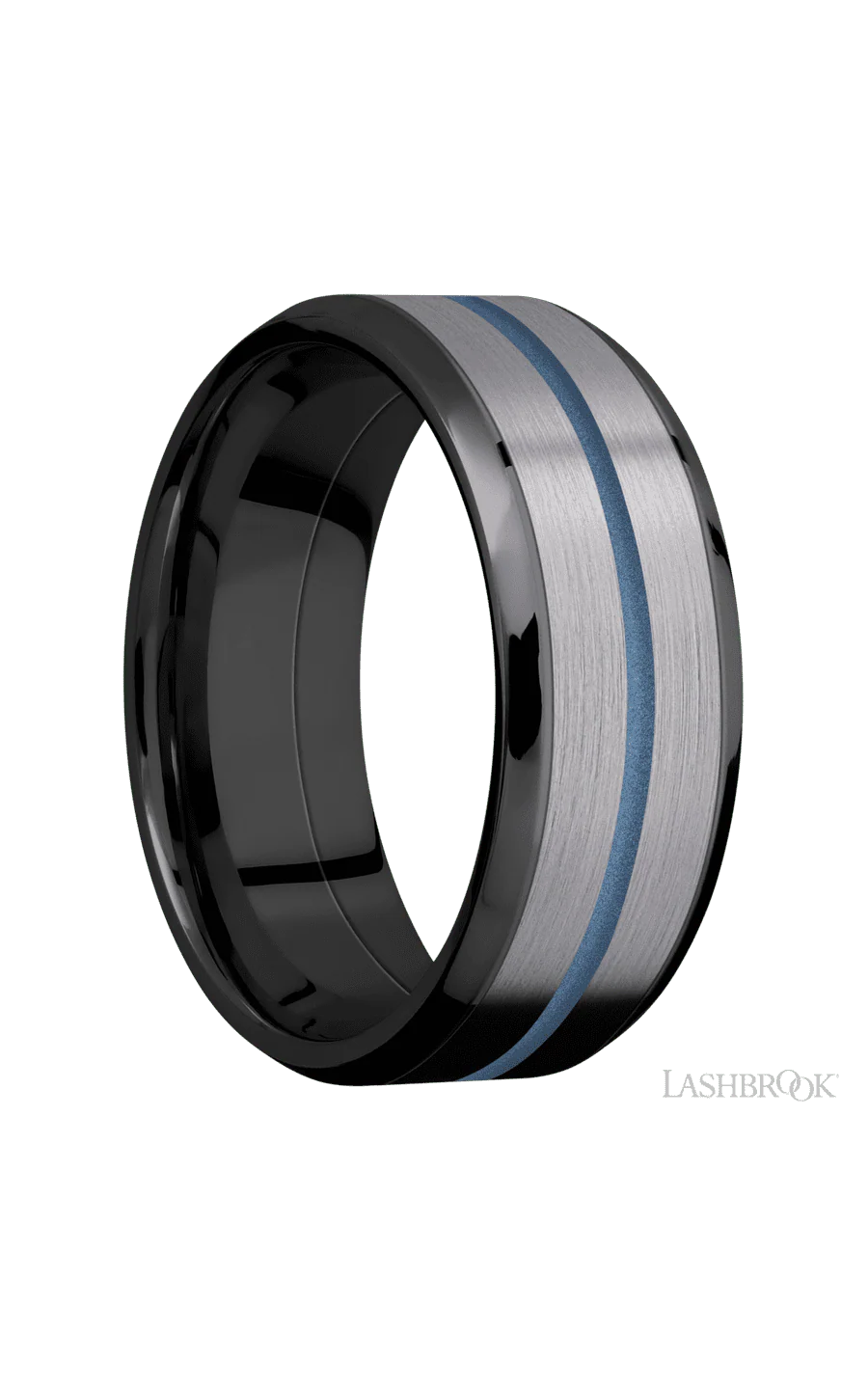 8 mm wide/Beveled/Zirconium band featuring inlays of Tantalum and Polar Blue. - Image 2