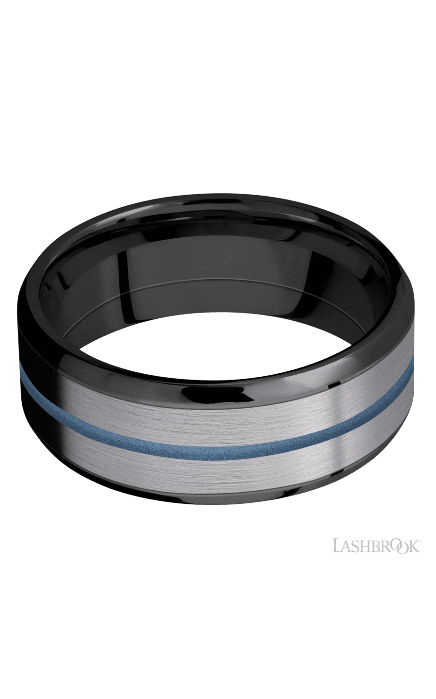 8 mm wide/Beveled/Zirconium band featuring inlays of Tantalum and Polar Blue. - Image 3