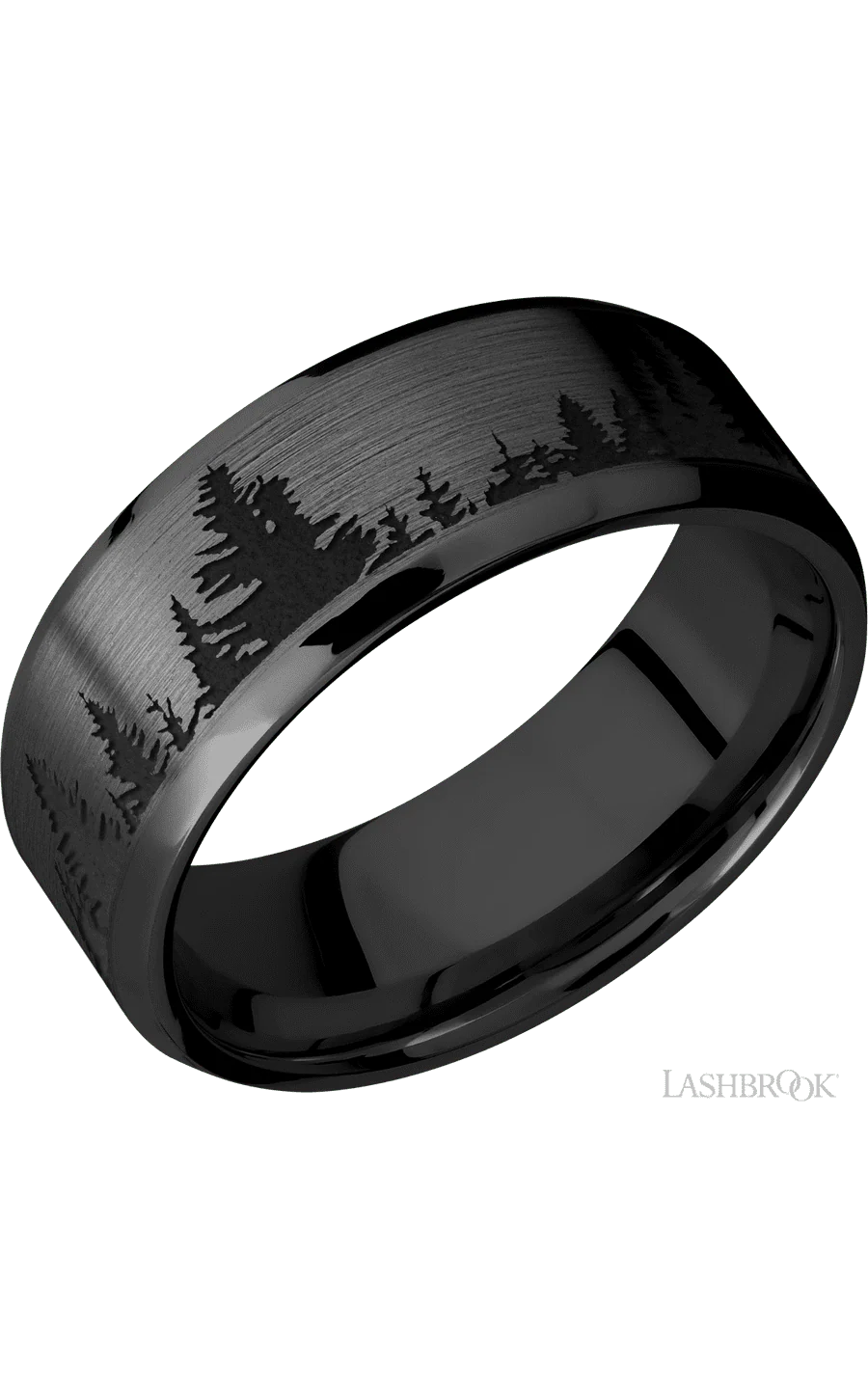 8 mm wide/Beveled/Zirconium band with a laser carved Trees pattern.