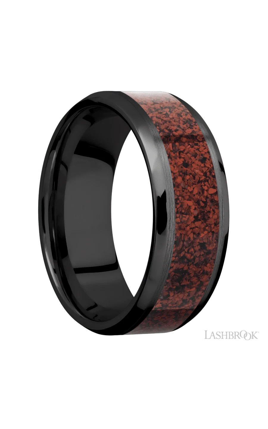 8 mm wide/Beveled/Zirconium band with one 5 mm Centered inlay of Dinosaur Bone Red. - Image 2