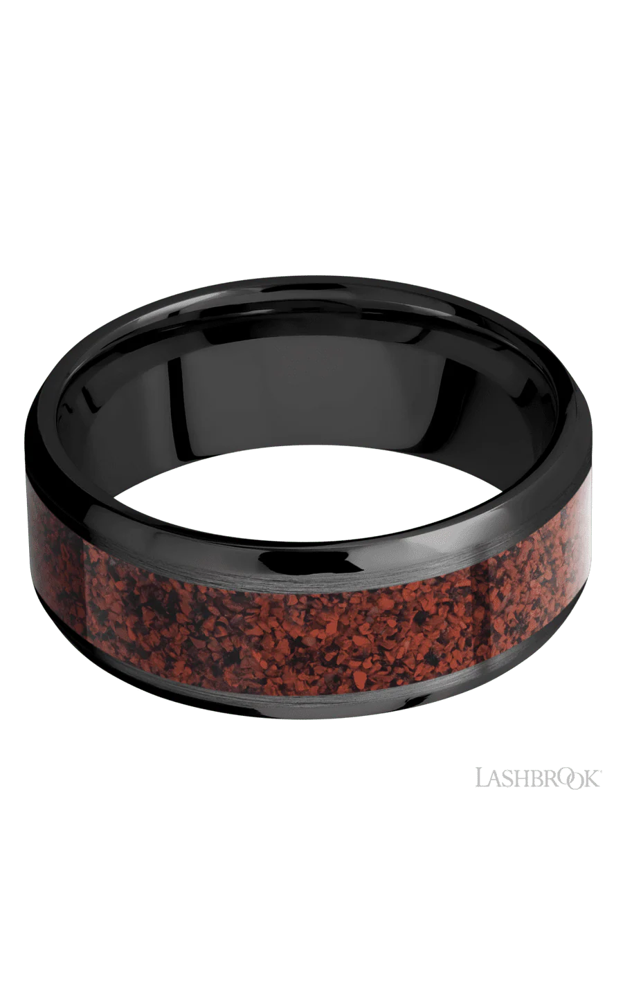 8 mm wide/Beveled/Zirconium band with one 5 mm Centered inlay of Dinosaur Bone Red. - Image 3