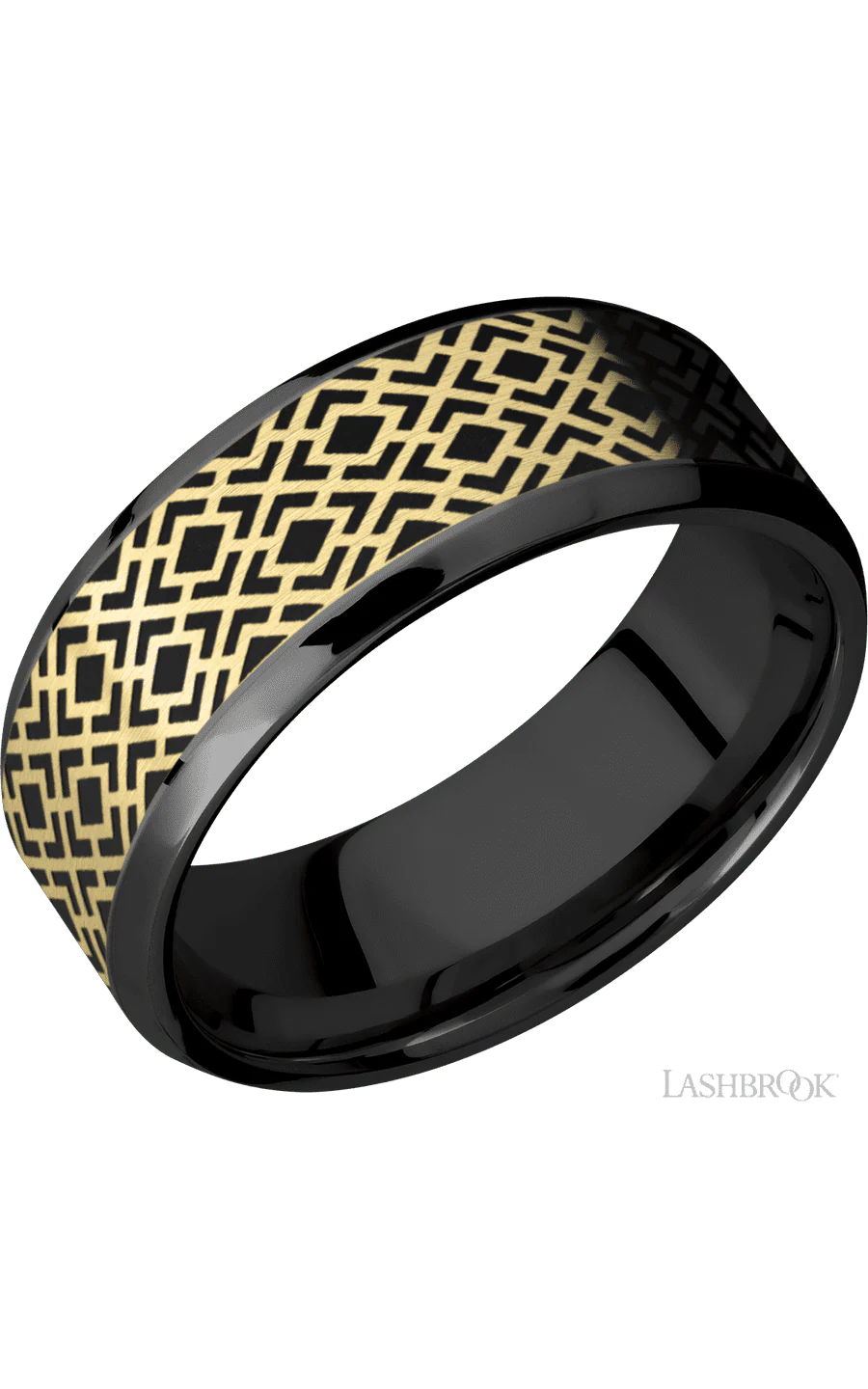 8 mm wide/Beveled/Zirconium band with one 6 mm Centered inlay of 14K Yellow Gold with a laser carved Trellis 2 pattern.