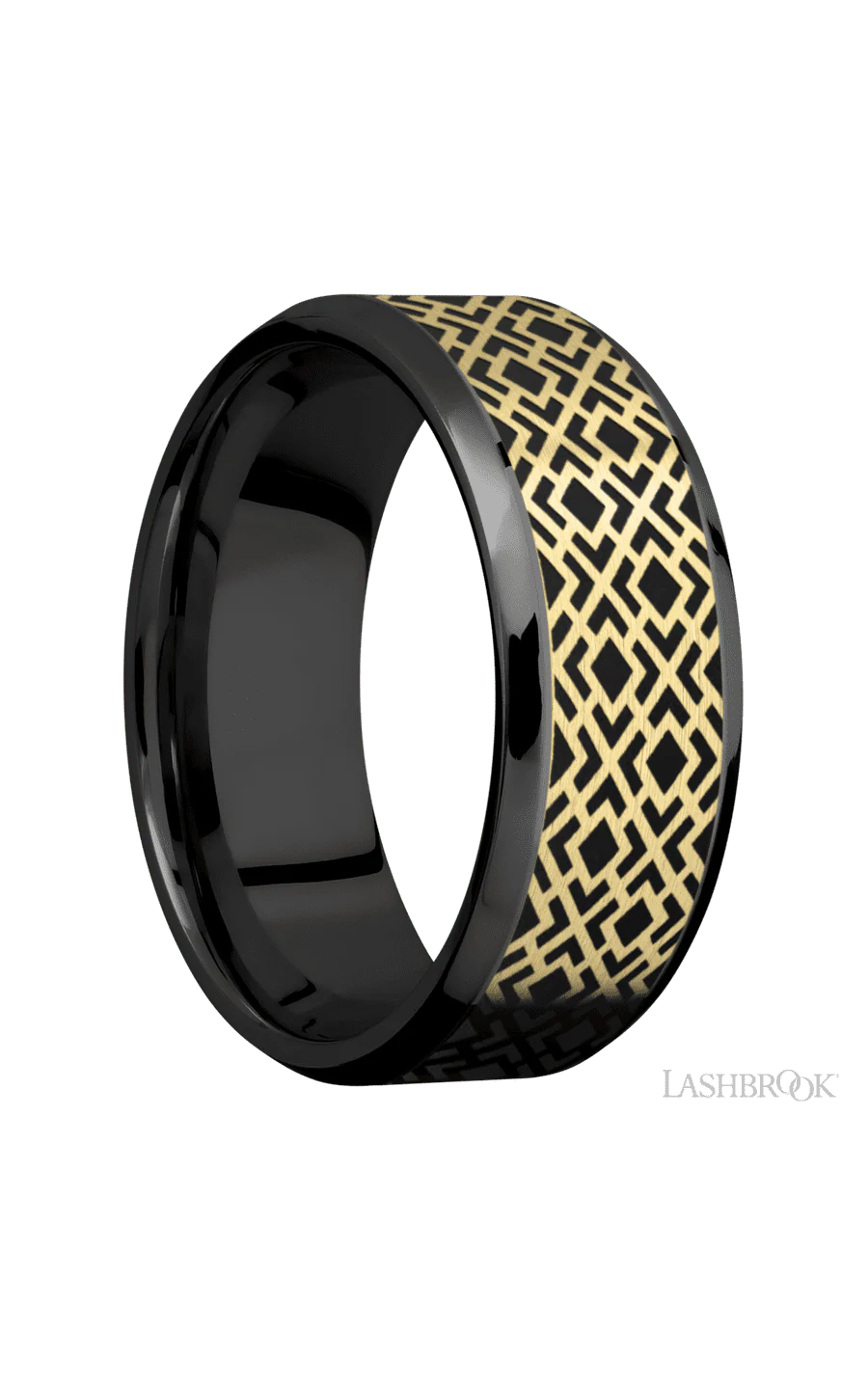 8 mm wide/Beveled/Zirconium band with one 6 mm Centered inlay of 14K Yellow Gold with a laser carved Trellis 2 pattern. - Image 2
