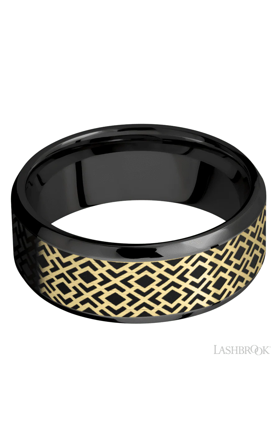 8 mm wide/Beveled/Zirconium band with one 6 mm Centered inlay of 14K Yellow Gold with a laser carved Trellis 2 pattern. - Image 3