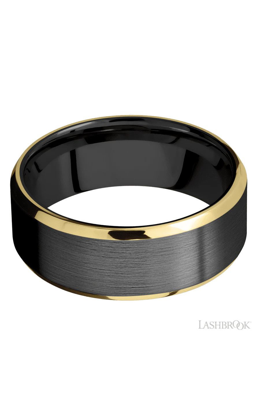 8 mm wide/Beveled/Zirconium band with two 1 mm Edge inlays of 14K Yellow Gold. - Image 3