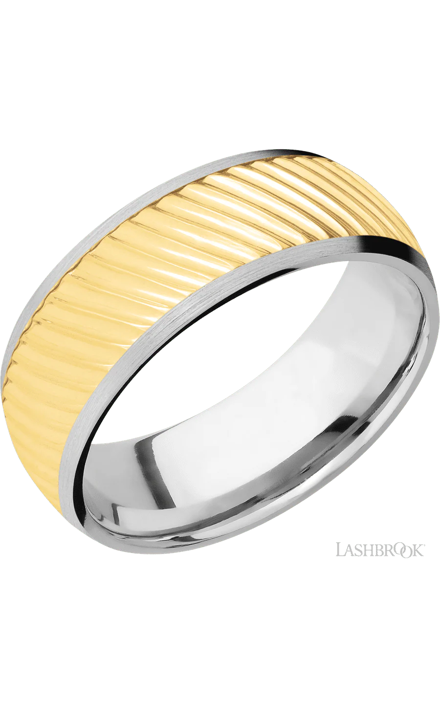 8 mm wide/Domed/14K White Gold band with one 6 mm Centered inlay of 14K Yellow Gold with a machined Ripple pattern.