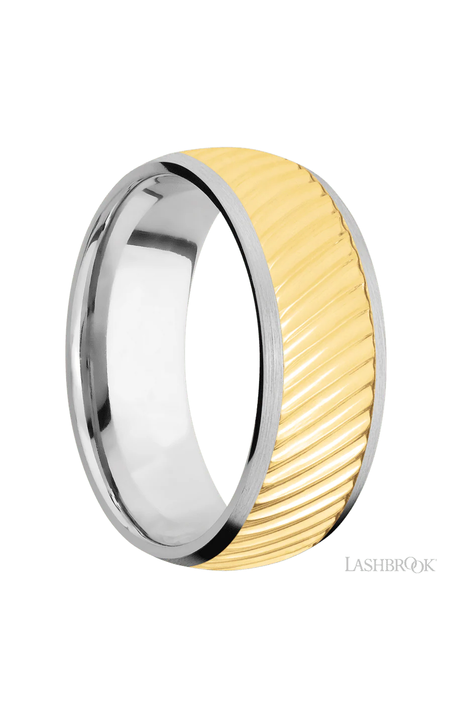 8 mm wide/Domed/14K White Gold band with one 6 mm Centered inlay of 14K Yellow Gold with a machined Ripple pattern. - Image 2