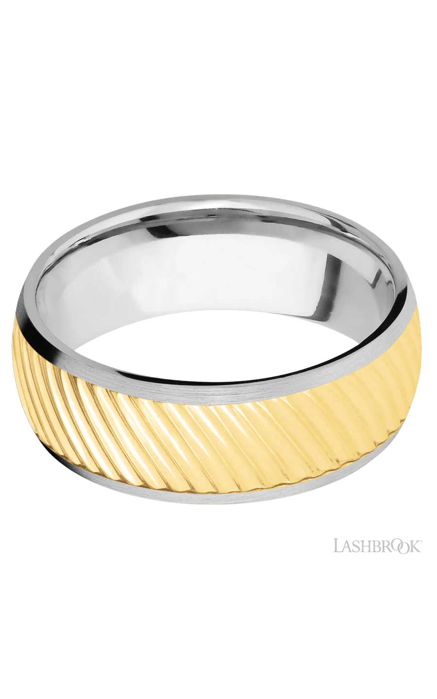 8 mm wide/Domed/14K White Gold band with one 6 mm Centered inlay of 14K Yellow Gold with a machined Ripple pattern. - Image 3