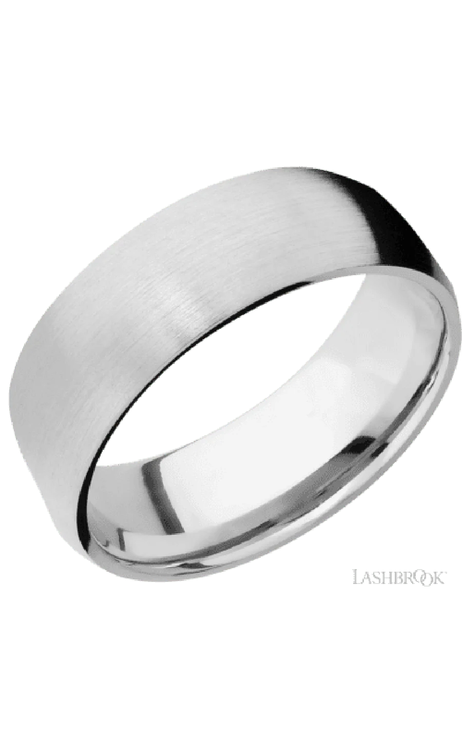 8 mm wide/Domed/14K White Gold band with  two 1 mm Sidebraid inlays of 14K White Gold and featuring a 3 Row Eternity arrangement of .015 carat Round Diamond stones in a Bead Channel setting