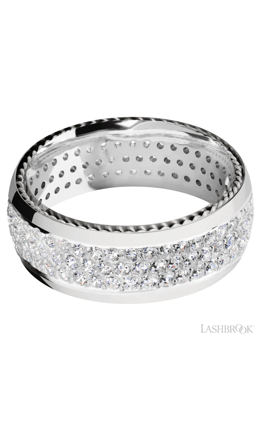 8 mm wide/Domed/14K White Gold band with  two 1 mm Sidebraid inlays of 14K White Gold and featuring a 3 Row Eternity arrangement of .015 carat Round Diamond stones in a Bead Channel setting - Image 3