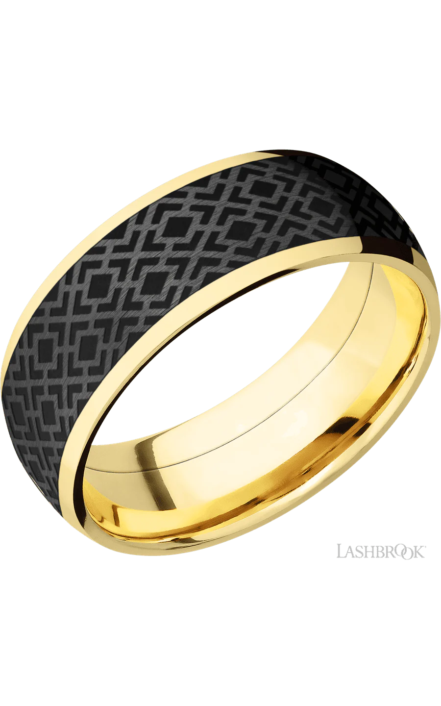 8 mm wide/Domed/14K Yellow Gold band with one 6 mm Centered inlay of Zirconium with a laser carved Trellis 2 pattern.