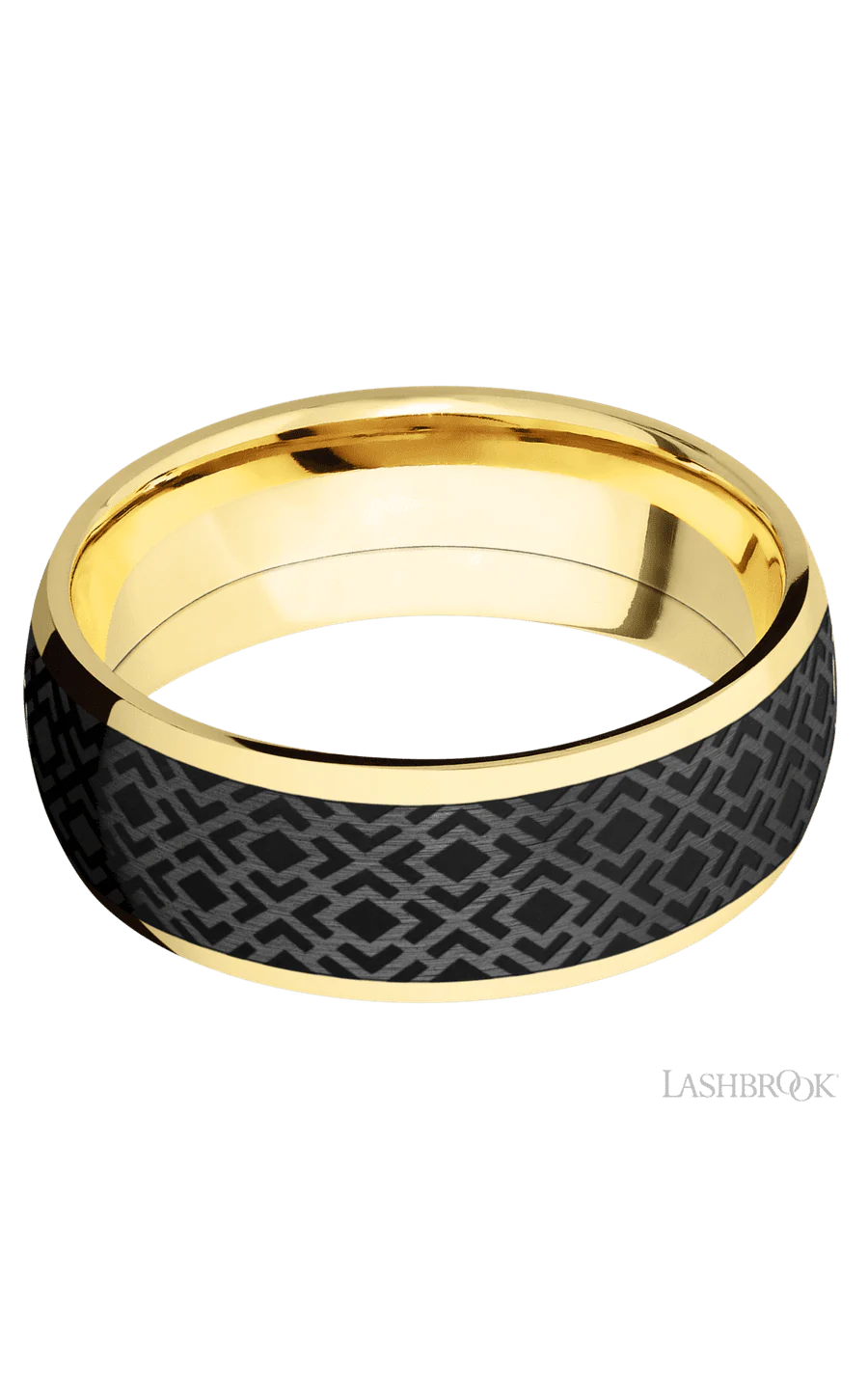 8 mm wide/Domed/14K Yellow Gold band with one 6 mm Centered inlay of Zirconium with a laser carved Trellis 2 pattern. - Image 3