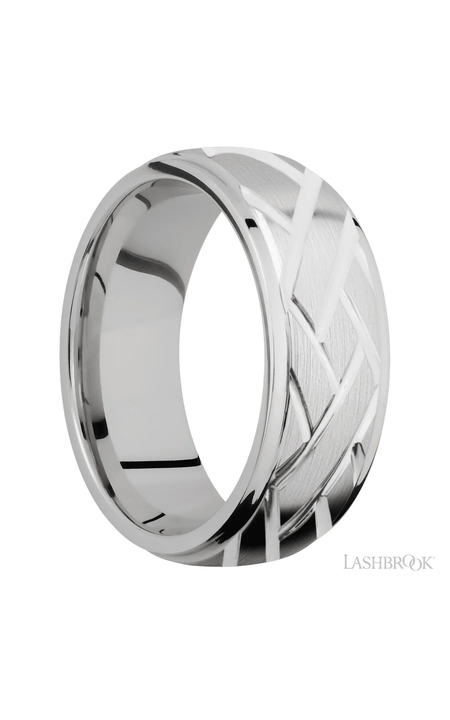 8 mm wide/Domed Stepped Down Edges/14K White Gold band with a machined Lattice pattern. - Image 2