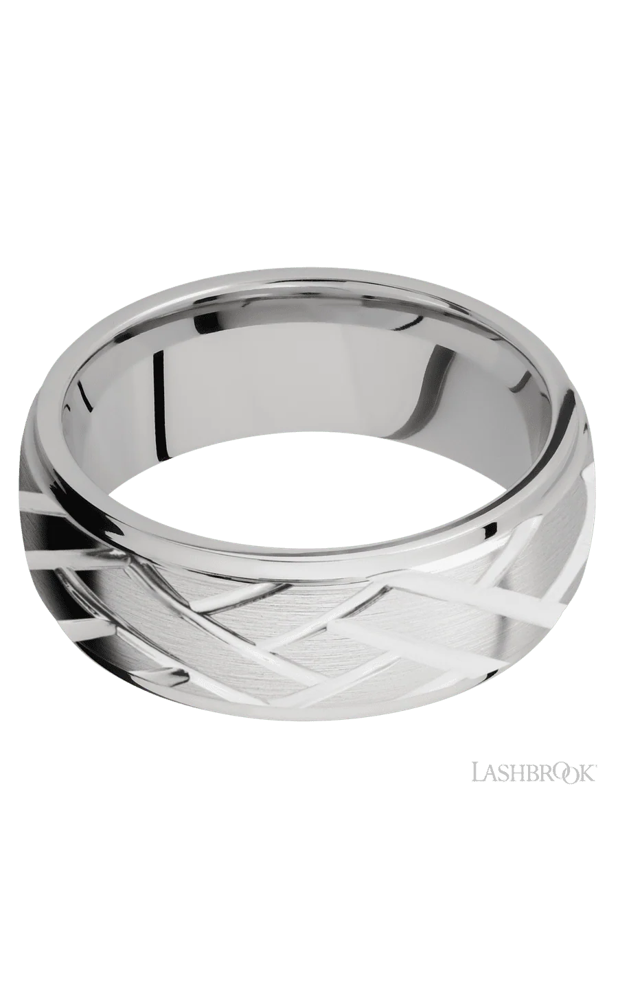 8 mm wide/Domed Stepped Down Edges/14K White Gold band with a machined Lattice pattern. - Image 3