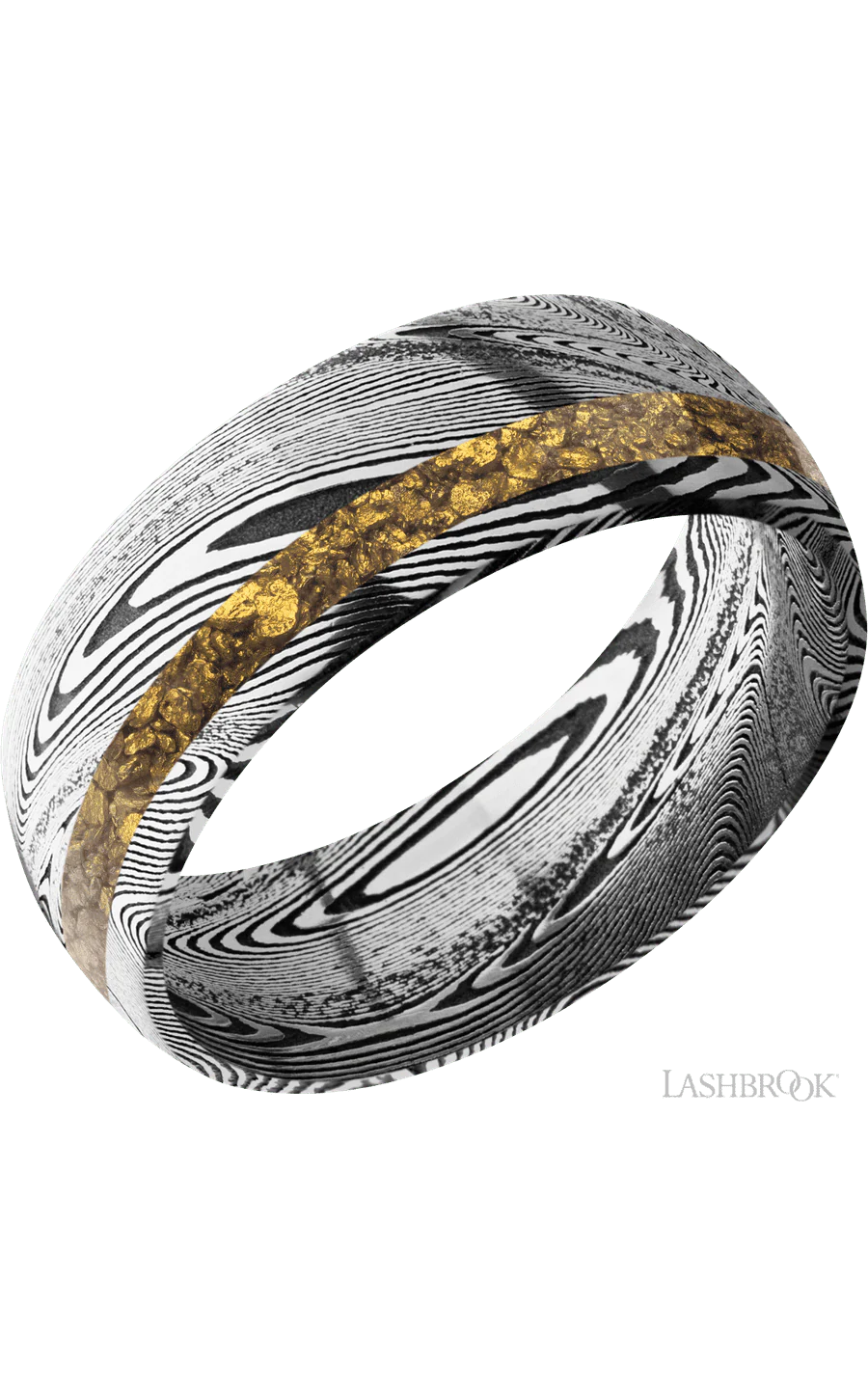 8 mm wide/Domed/Tightweave band with one 2 mm Off Center inlay of Alaskan Gold Nugget.