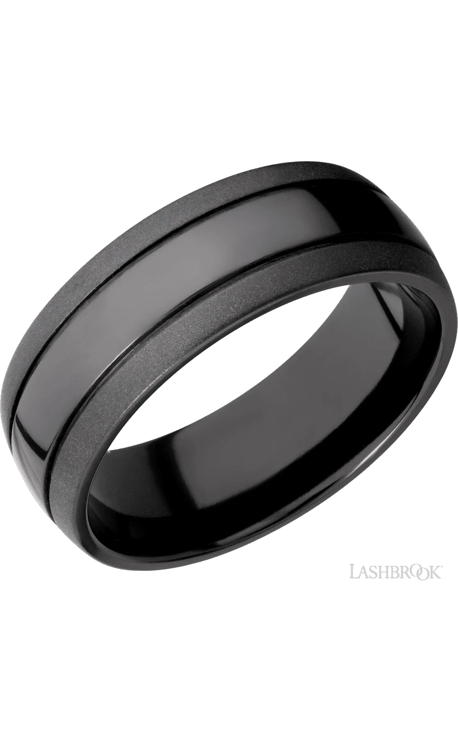 8 mm wide Domed with two accent grooves Zirconium band.