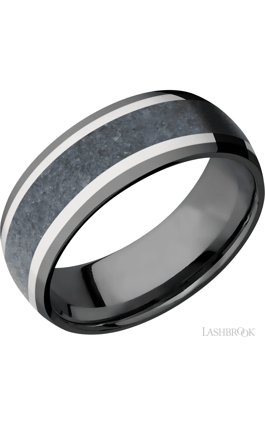 8 mm wide/Domed/Zirconium band featuring inlays of 14K White Gold and Blue Sapphire.