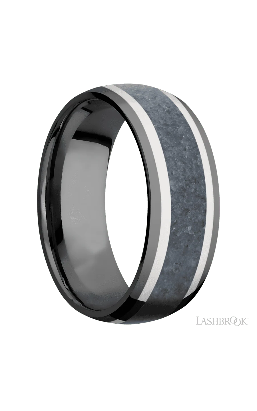 8 mm wide/Domed/Zirconium band featuring inlays of 14K White Gold and Blue Sapphire. - Image 2