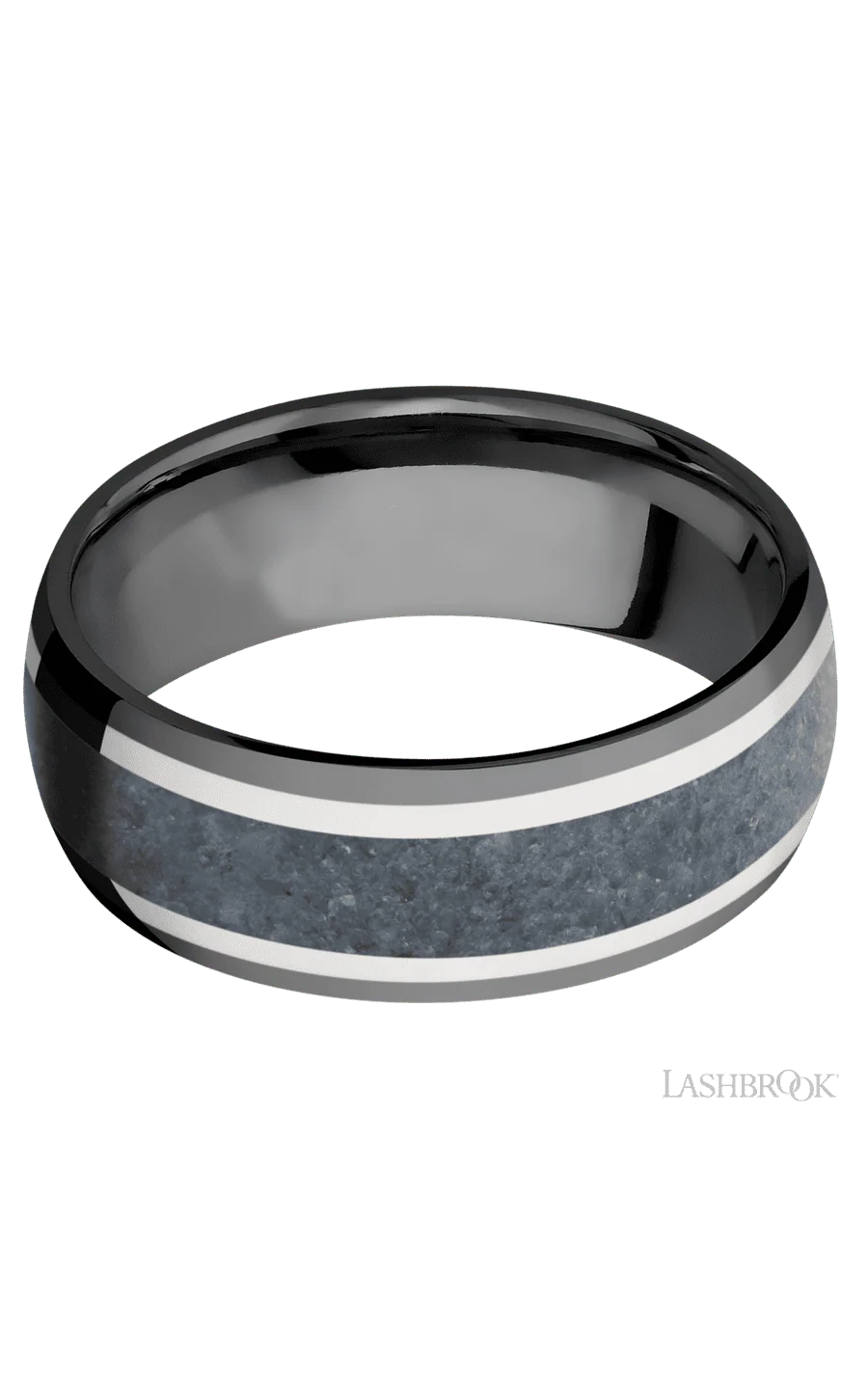 8 mm wide/Domed/Zirconium band featuring inlays of 14K White Gold and Blue Sapphire. - Image 3