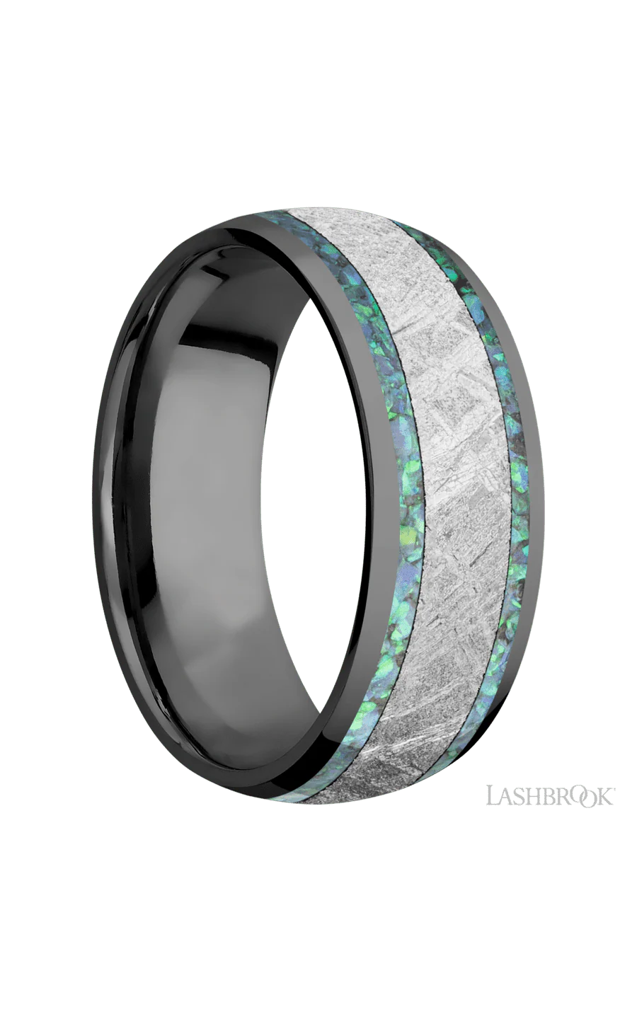 8 mm wide/Domed/Zirconium band featuring inlays of Teal Opal and Meteorite. - Image 2