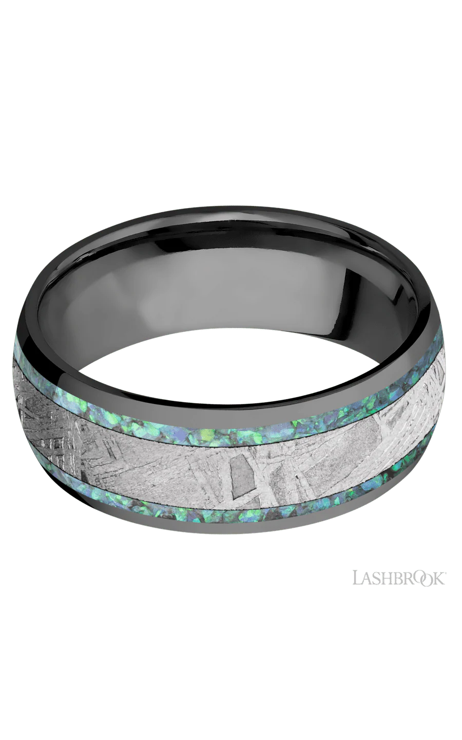 8 mm wide/Domed/Zirconium band featuring inlays of Teal Opal and Meteorite. - Image 3