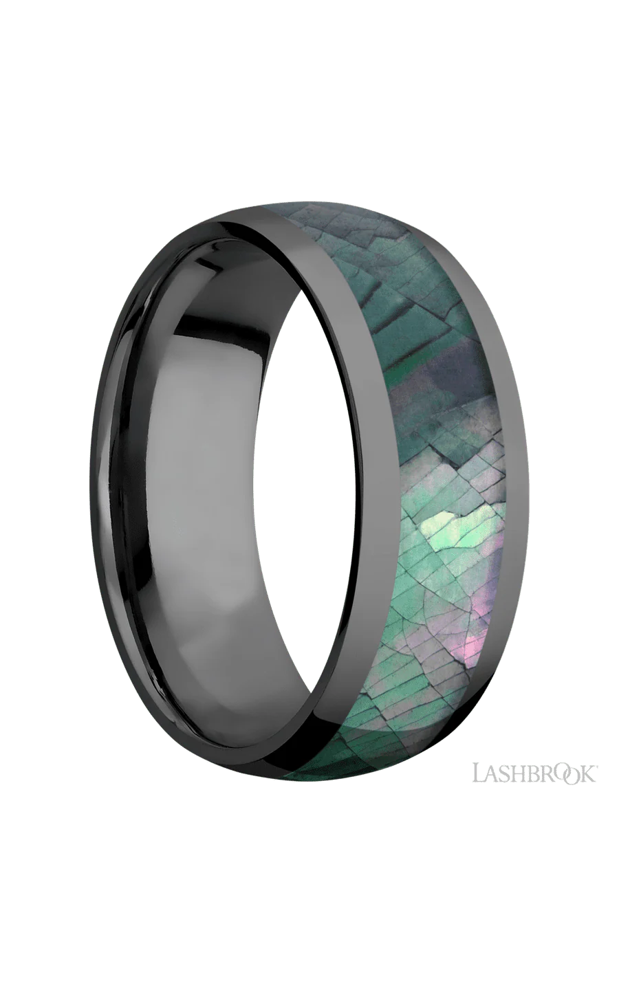 8 mm wide/Domed/Zirconium band with one 5 mm Centered inlay of Black Mother of Pearl. - Image 2
