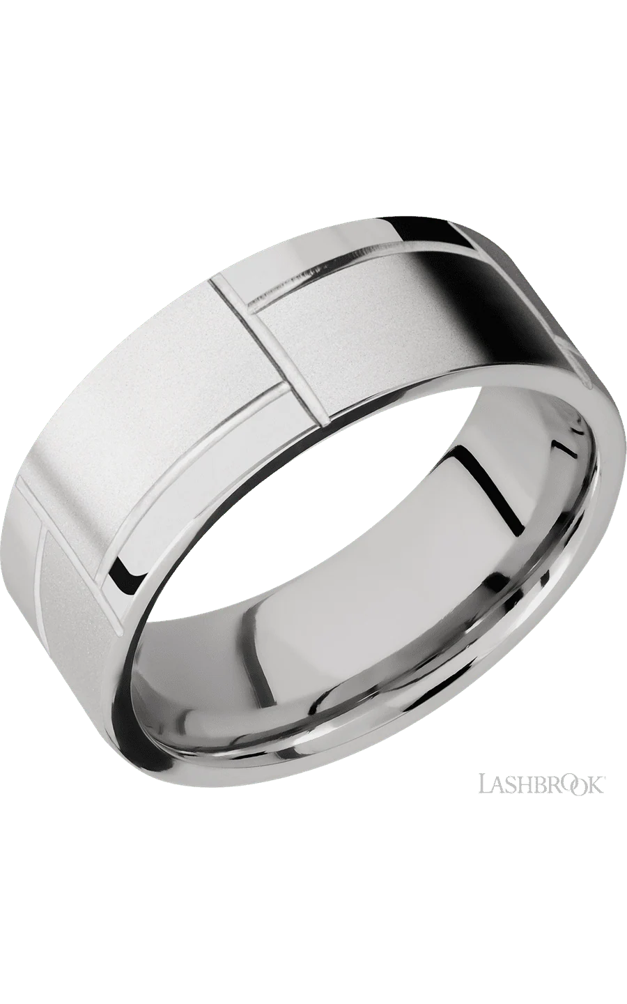 8 mm wide/Flat/14K White Gold band with a machined 3GOCHR pattern.
