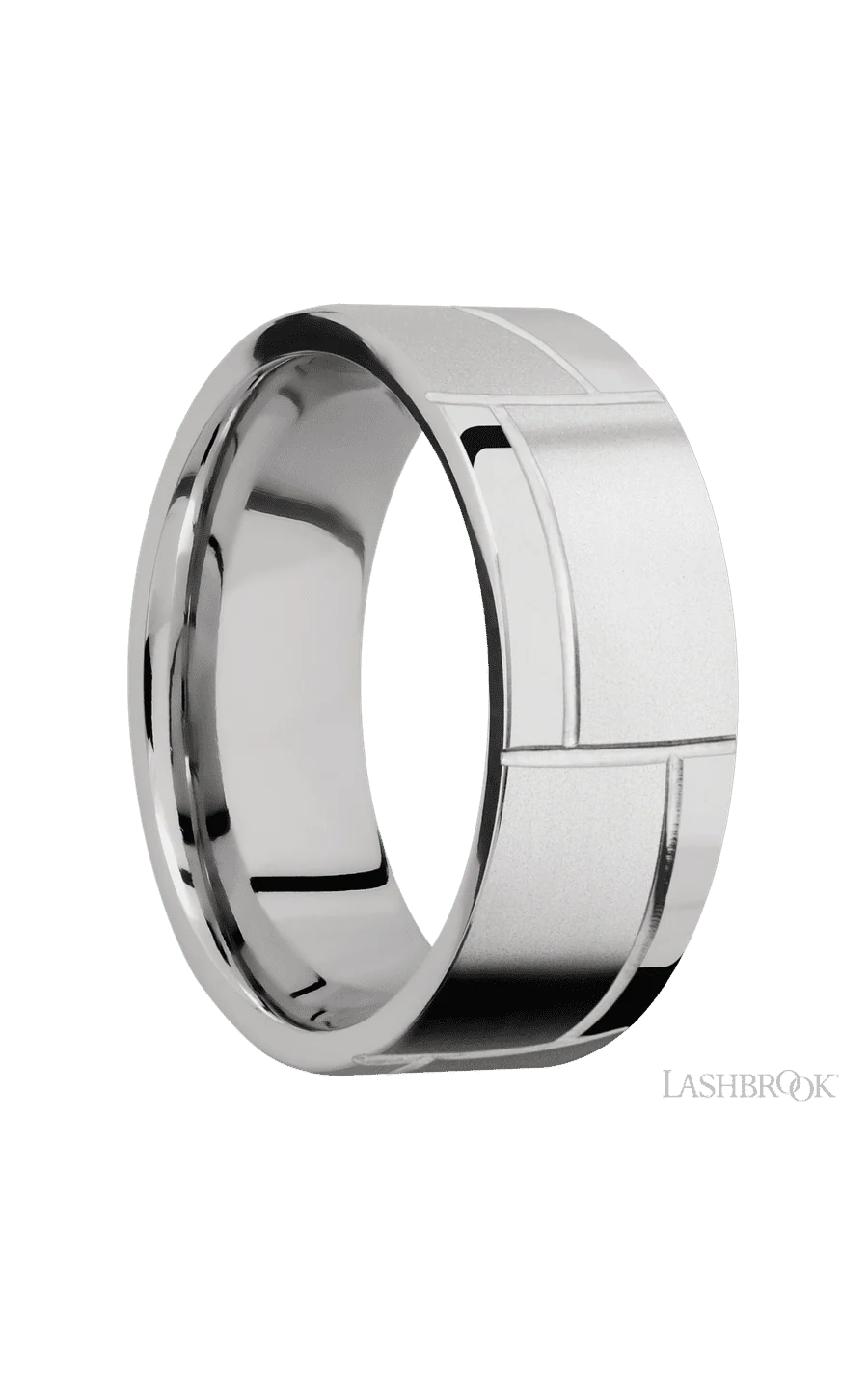 8 mm wide/Flat/14K White Gold band with a machined 3GOCHR pattern. - Image 2